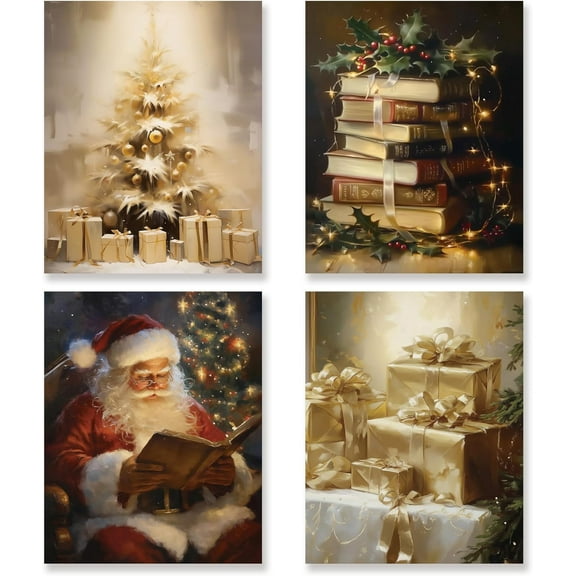 Hieng Vintage Christmas Wall Art Decor Set of 4 Retro Winter Holiday Xmas Artwork Poster Christmas Tree Snowman Wall Decor for Home Farmhouse Bedroom Gallery Decorations Unframed