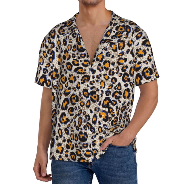 Fotbe Leopard Camisa Estampada de Manga Corta para Hombre, Casual de Verano, Estilo Playero, Sin Arrugas-X-Large