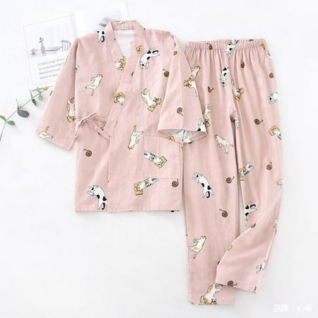 

CoCopeaunt Rose Printed Ladies Kimono Style Pajamas Set Loose Thin V-Neck Three-Quarter Sleeves Gauze Cotton 2Pcs Sleepwear Loose Homewear