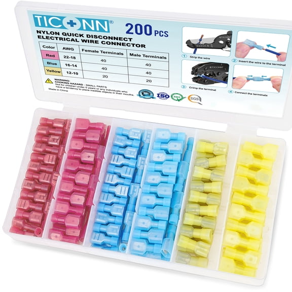 TICONN 200pc Nylon Spade Quick Disconnect Wire Connectors Terminal Kit