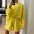 thumbnail image 3 of OUSITAID Solid Color Women Suit Drawstring O Neck Long Sleeve Top Shorts Suit for Daily Wear, 3 of 8
