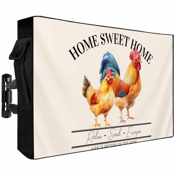 Outdoor TV Cover Farm Rooster Watercolor Weatherproof Waterproof Outside TV Protector with Zipper,Sweet Home Quote Smart Television Screen Cover for 40 to 43Inch Screens