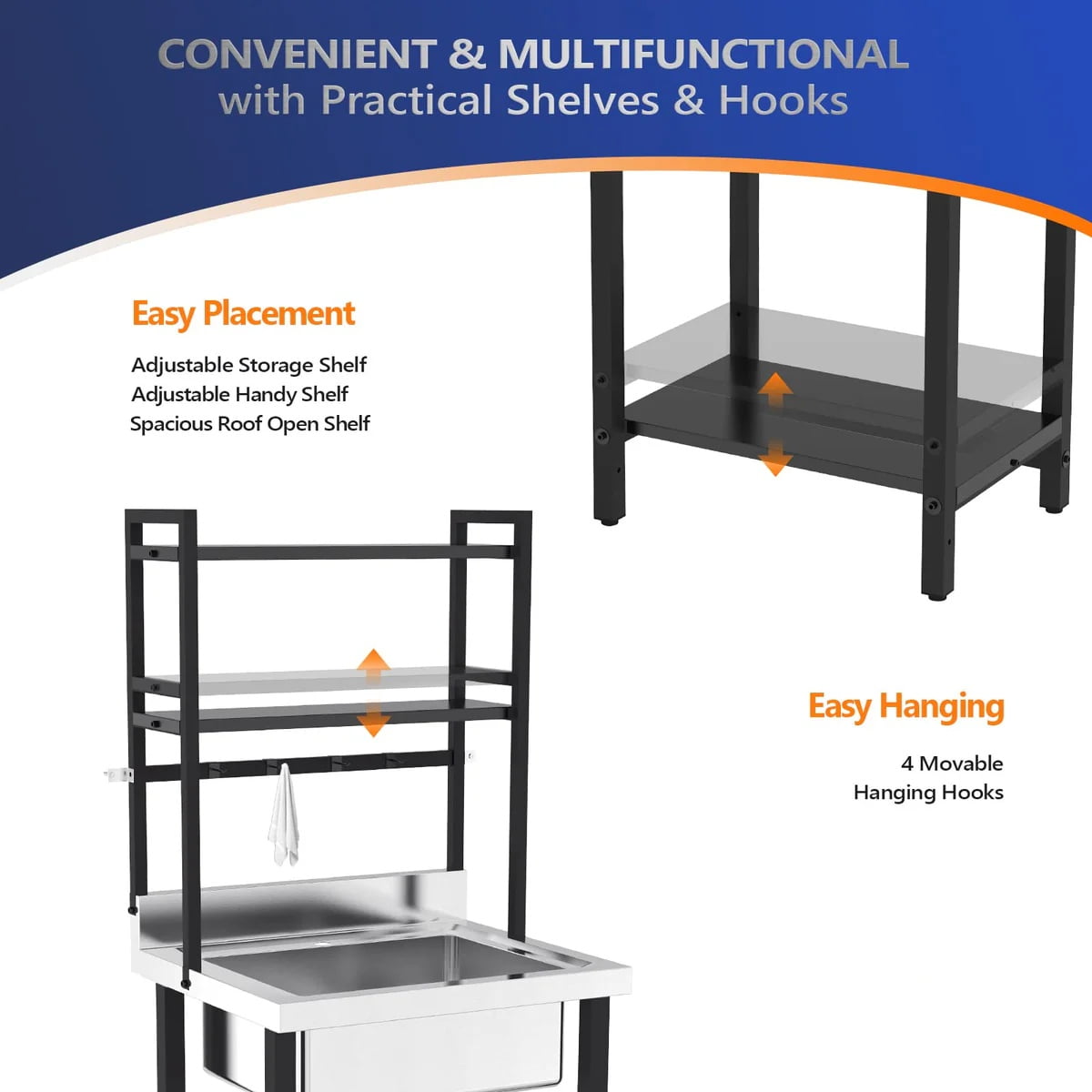 Ktaxon 28" × 24" Stainless Steel Utility Prep Sink with Adjustable Shelves, One Compartment Freestanding Sink with Backsplash & 3.5" Drain