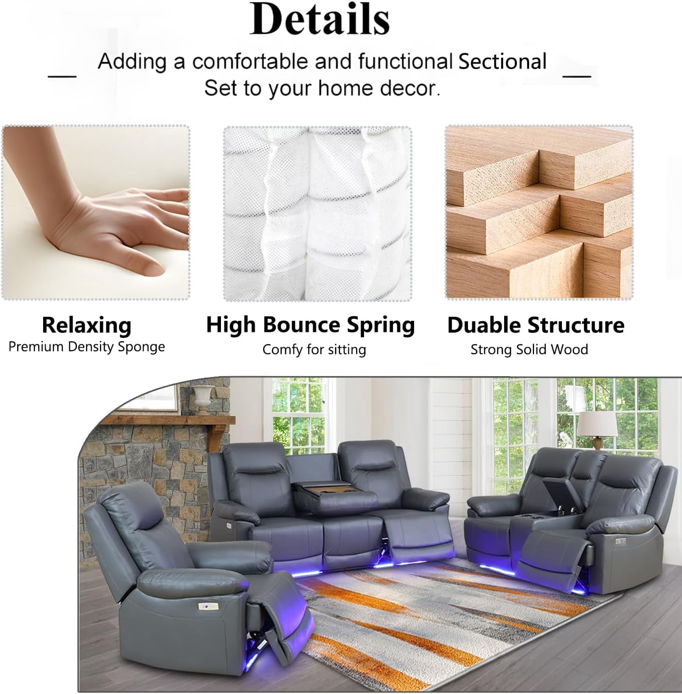 PonLiving Power Leather Recliner Sofa with LED Lights,with USB Port/Storage Console/Cup Holders.Drak Grey