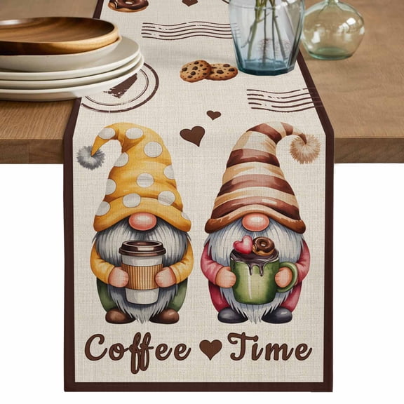 Table Runner 70 Inches Long for Kitchen Dining, Farmhouse Coffee Time Dresser Scarf Farmhouse, Dining Table Decorations for Wedding/Parties, Vintage Gnomes DessertsBeige Burlap 13 x 70 In
