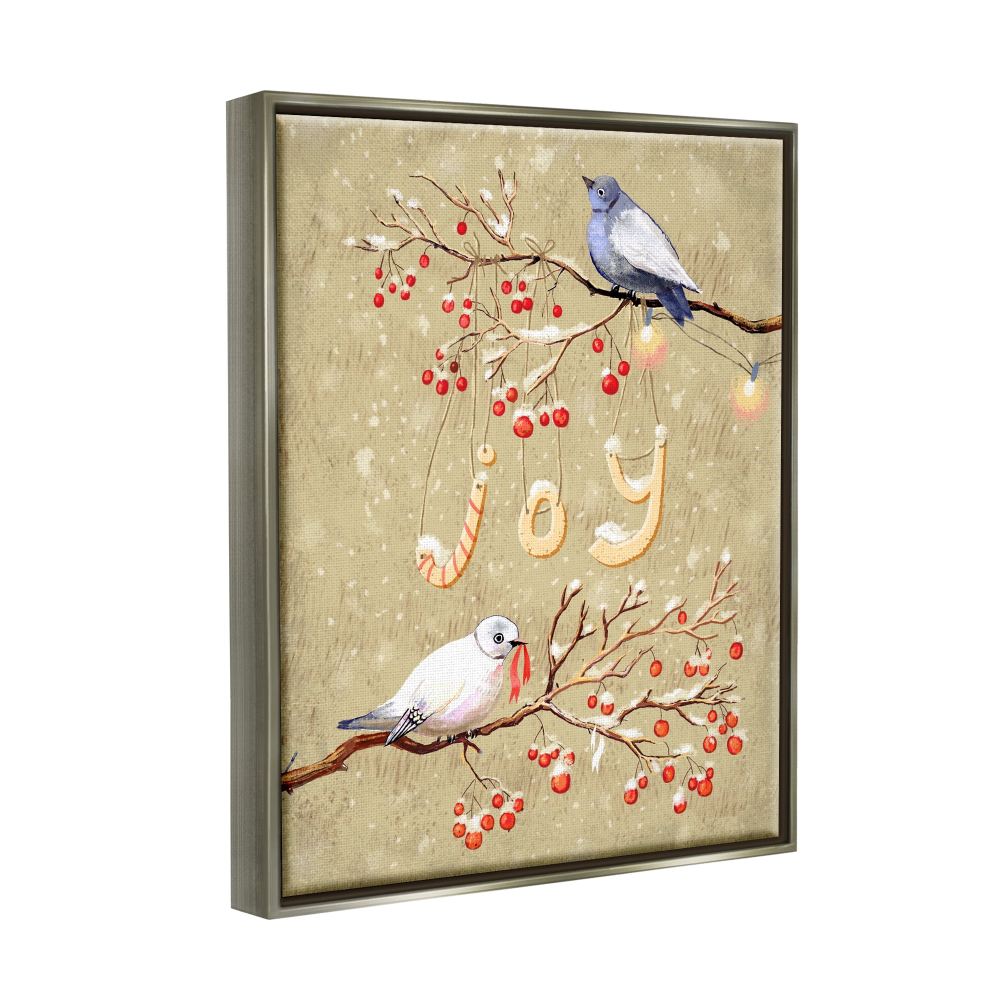 Stupell Industries Joy Birds on Winter Branches Holiday Painting Gray Floater Framed Canvas Art Print Wall Art, 25 x 31