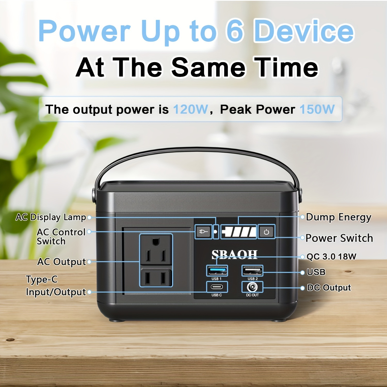 SBAOH Portable Power Station P86,88.8Wh 3.7 V LiFePo4 Battery,with 120W (150W Peak) AC Outputs, Solar Generator for Travel and Camping