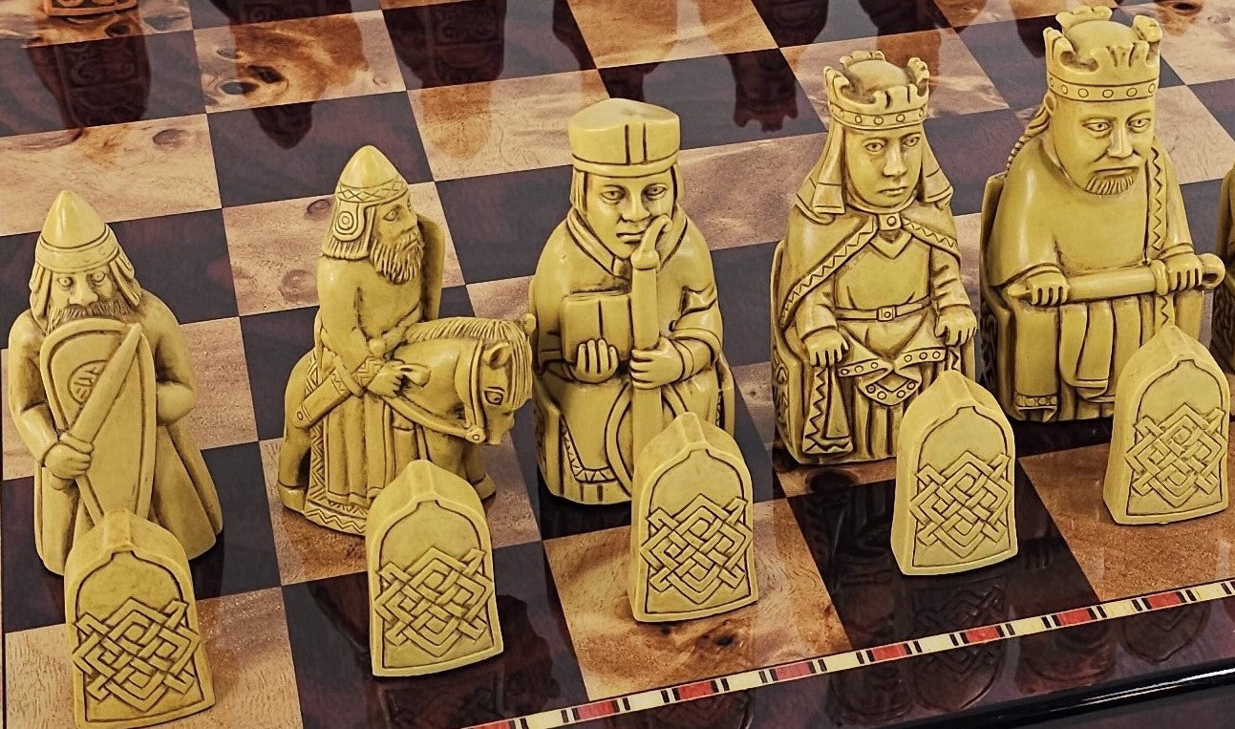 Large Isle of Lewis RUST Chess Set 3 1/4" King with 18" Cherry Color Board