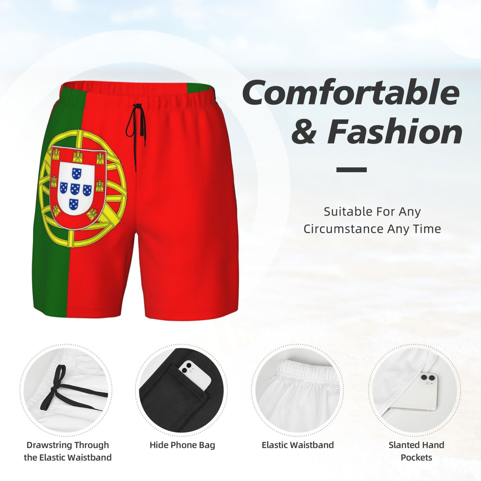 Men's Portugal Flag Swim Trunks with Compression Liner Bathing Suit Swimwear