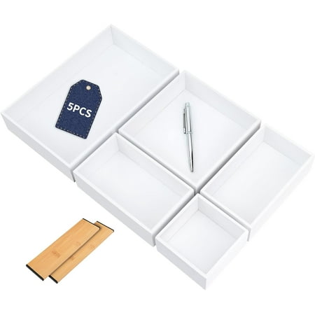 5PCS Bamboo Drawer Organizer Set with Adjustable Dividers,Stackable Kitchen Bathroom Office Desk Organizer Storage Box Container Trays for Utensils, Makeup, Silverware,Non-Slip Silicone Pads