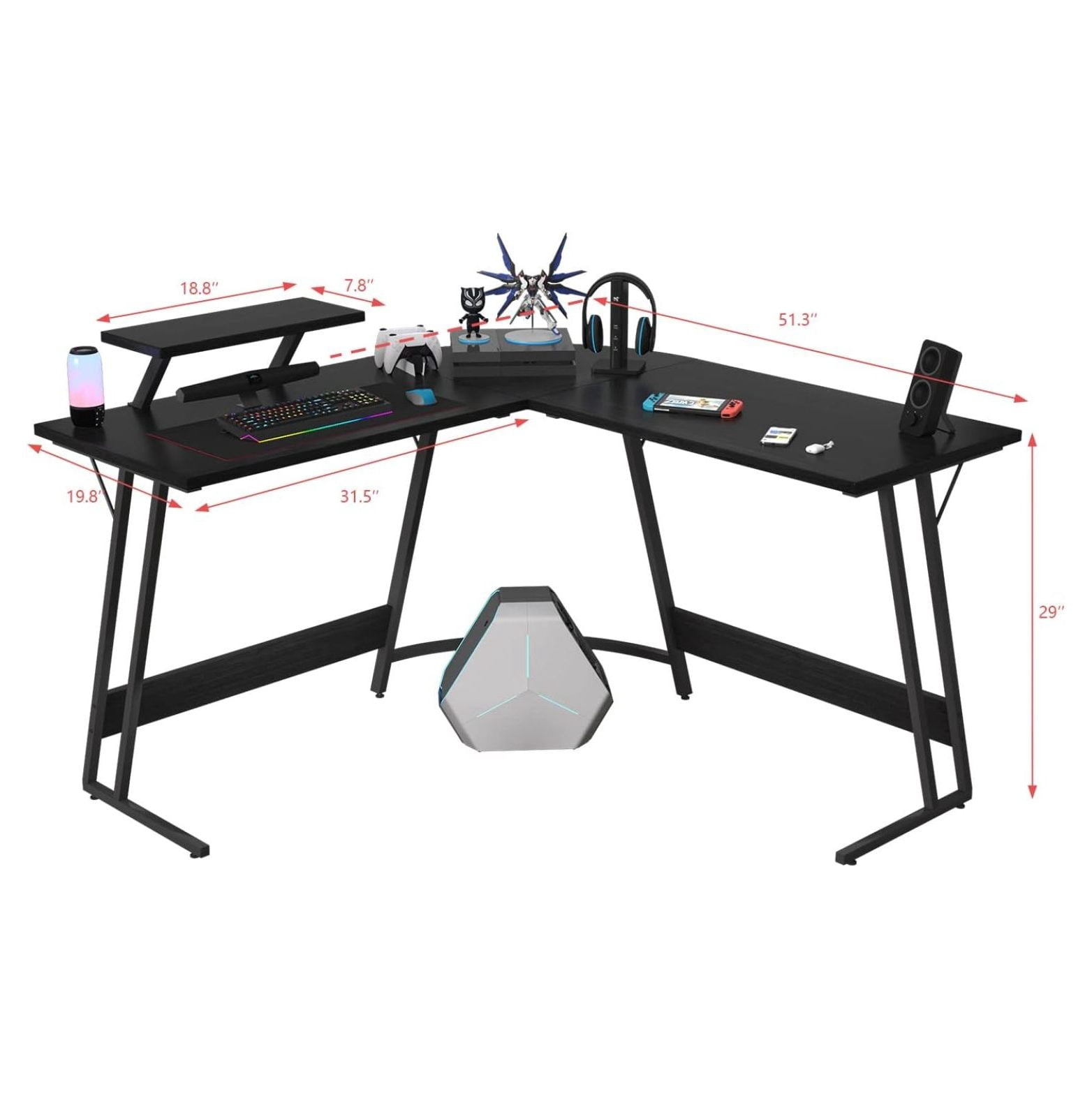 SONGMY L Shaped Gaming Desk Computer Corner Desk PC Gaming Desk Table with Large Monitor Riser Stand for Home Office Sturdy Writing Workstation (Classical Black, 51 Inch)