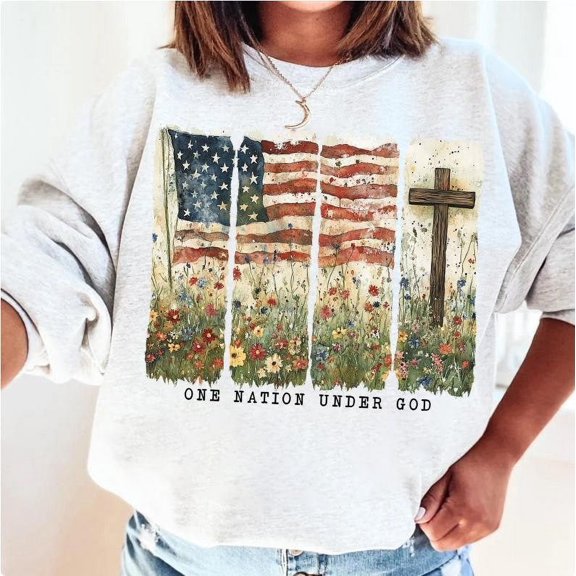 One Nation Under God Sweatshirt, Christian Patriotic 4th of July Pullover, Faith and Freedom American Flag Cross Crewneck