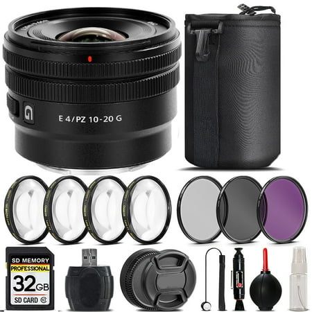 Sony E 10-20mm f/4 PZ G Lens + 4PC Macro Kit + UV  CPL  FLD Filter - 32GB Kit