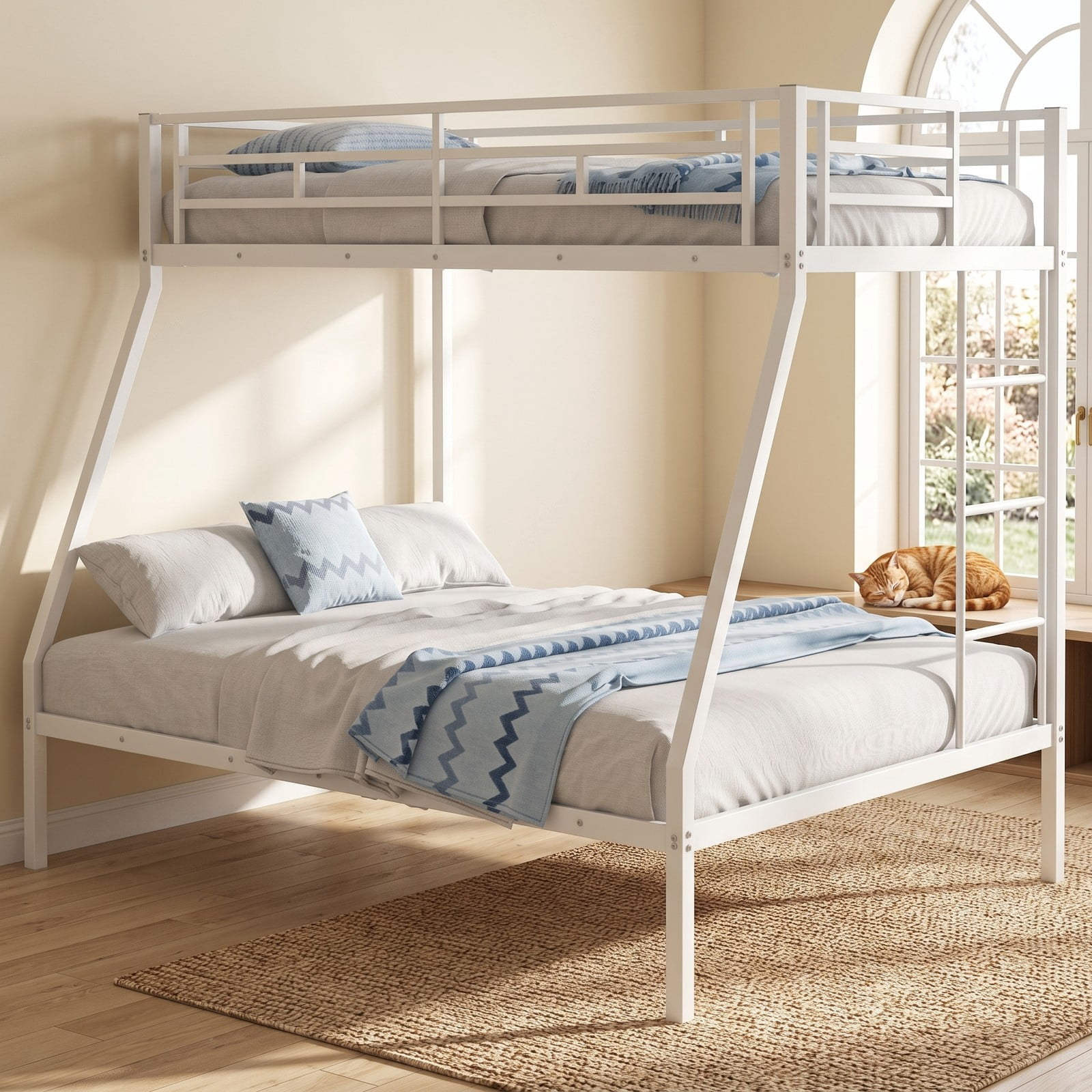 Furnibear Twin Over Full Metal Bunk Bed Frame with Ladder and Safety Guardrails for Kids Teens Dorm and Guest Bedroom , White