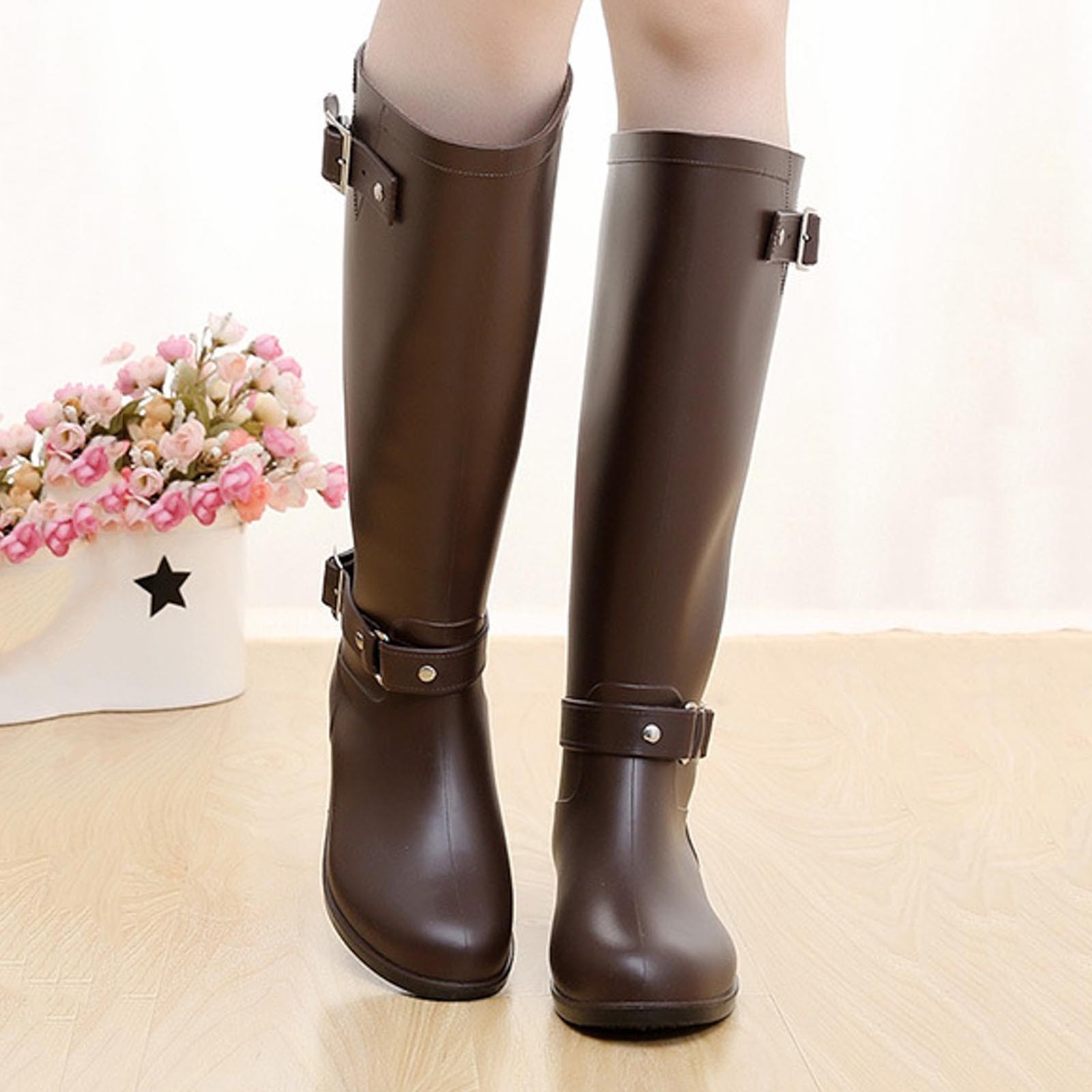 IUJSOY Womens Rain Boots Knee-high Waterproof Narrow Calf Rubber Tall Fishing Boots for Garden