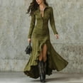 thumbnail image 3 of Womens Vintage Western Dresses, Suede V Neck Button Down Long Sleeve Maxi Dress Fishtail Hem Boho Western Dresses Army Green L, 3 of 4