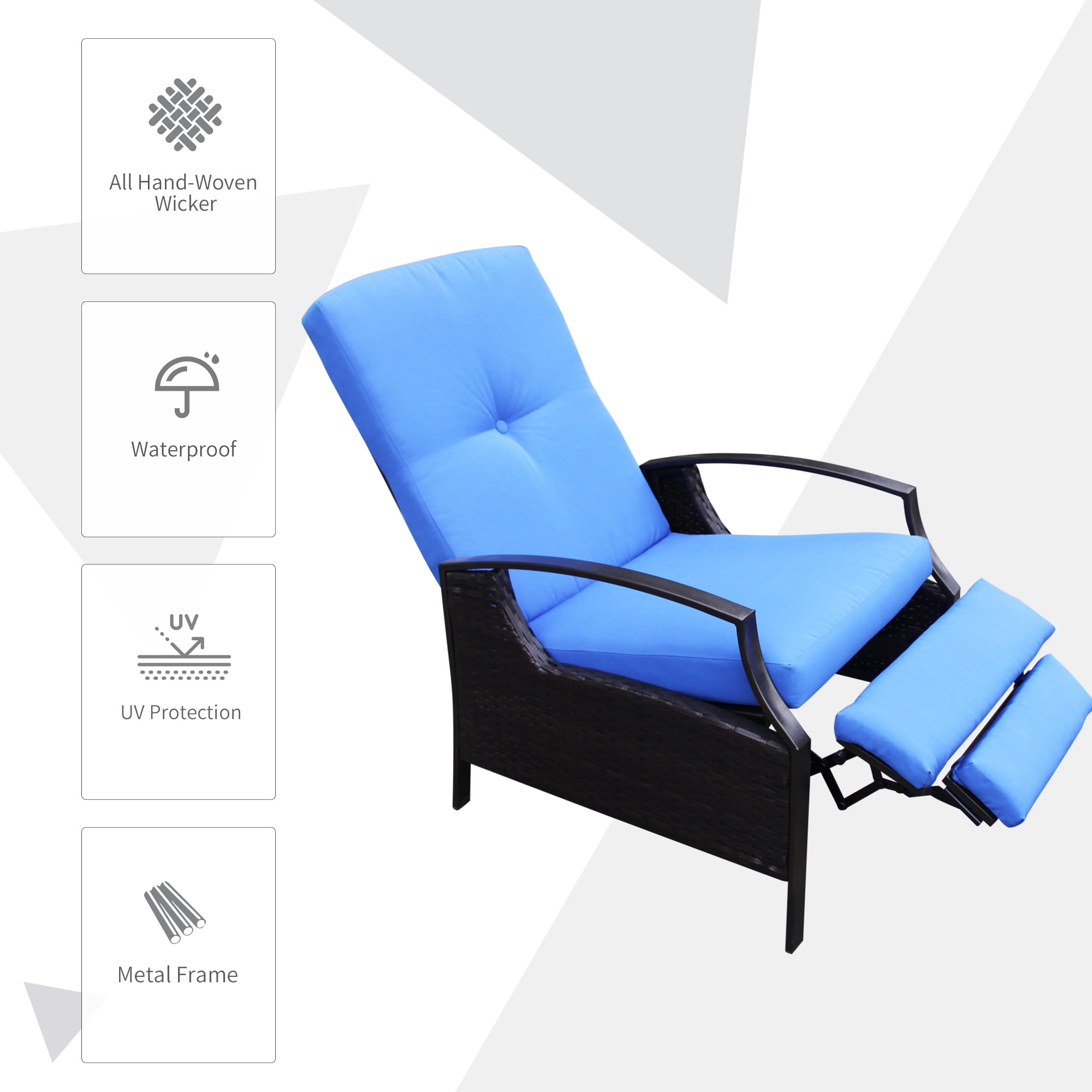 Outsunny Outdoor Rattan Recliner Chair With Cushion Dark Brown Blue Com Outsunny Outdoor Rattan Recliner Chair, Outsunny Outdoor Rattan Recliner Chair Replacement Cushions