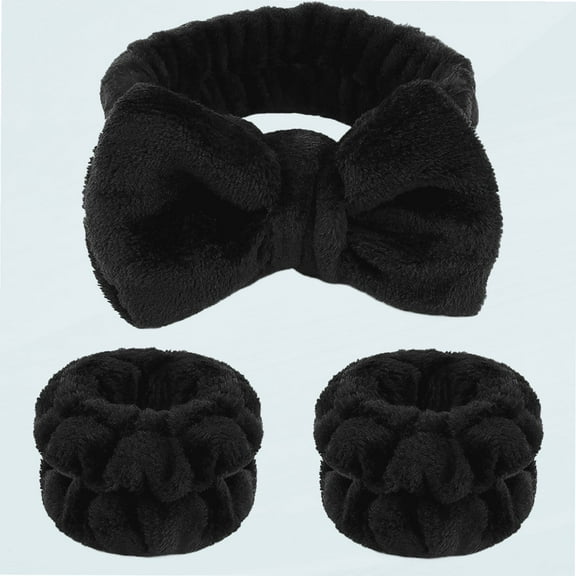 Makeup Headbands, 1pcs Black Spa Headband Fluffy Bow Tie Headband Microfiber Face Headband, and 2Pcs Wrist Spa Wash Band Absorbent Wristbands, for Washing Face Skin Care