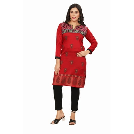 Maple Clothing Kurti Top Long Tunic Women's Printed Blouse India Clothing (Maroon, XL)
