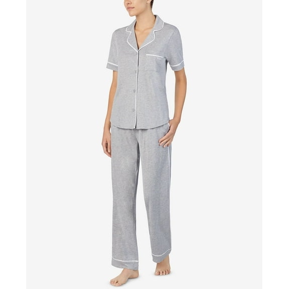 DKNY Logo Contrast-Trim Knit Pajama Set, Grey Heather, Size Small