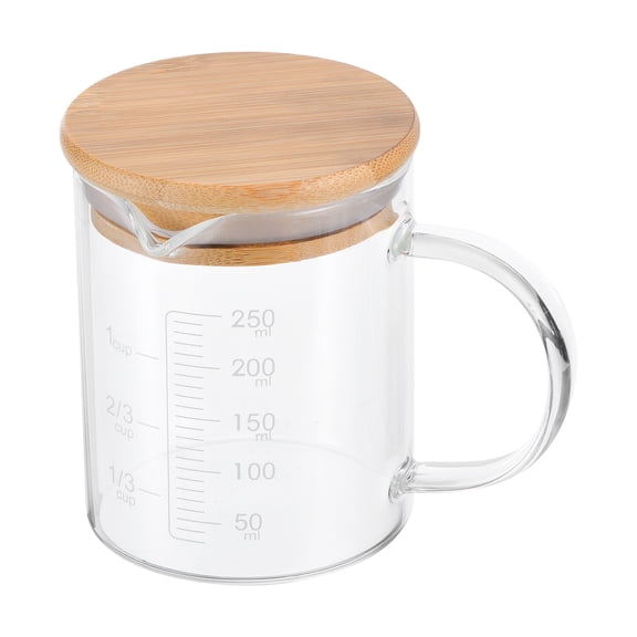 Uxcell 250ml Glass Measuring Cup, 3.3 Borosilicate Glass Graduated White Printed Scale with Wood Lid