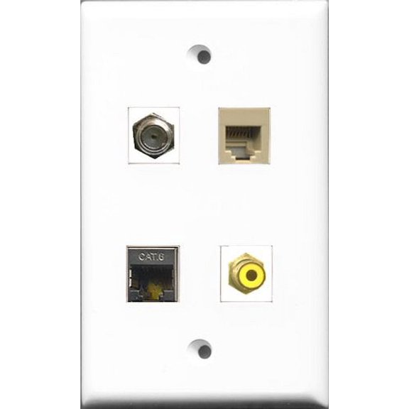 RiteAV 1 Port RCA Yellow and 1 Port Coax Cable TV- F-Type and 1 Port Phone RJ11 RJ12 Beige and 1 Port Shielded Cat6 Ethernet Wall Plate