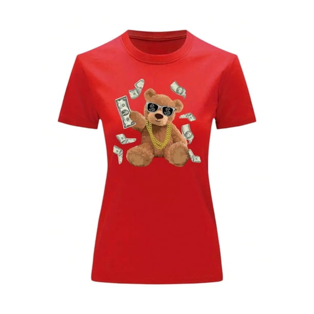Playera Blusa de Oso Millonario con Dólares Dinero Ropa De Mujer Color Rojo Talla Chica Marca Emil SaEs