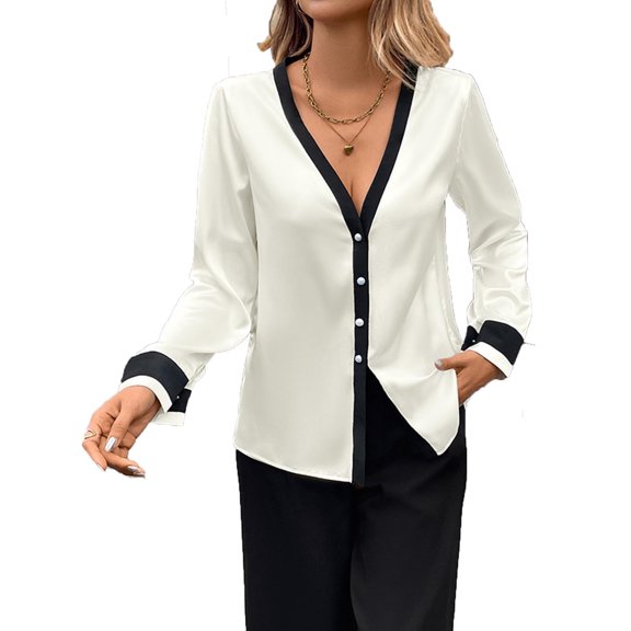 YueHuiYing Women's Elegant Pearl-Button Deep V-Neck Color-Block Single-Breasted Long-Sleeve Top/Blouse