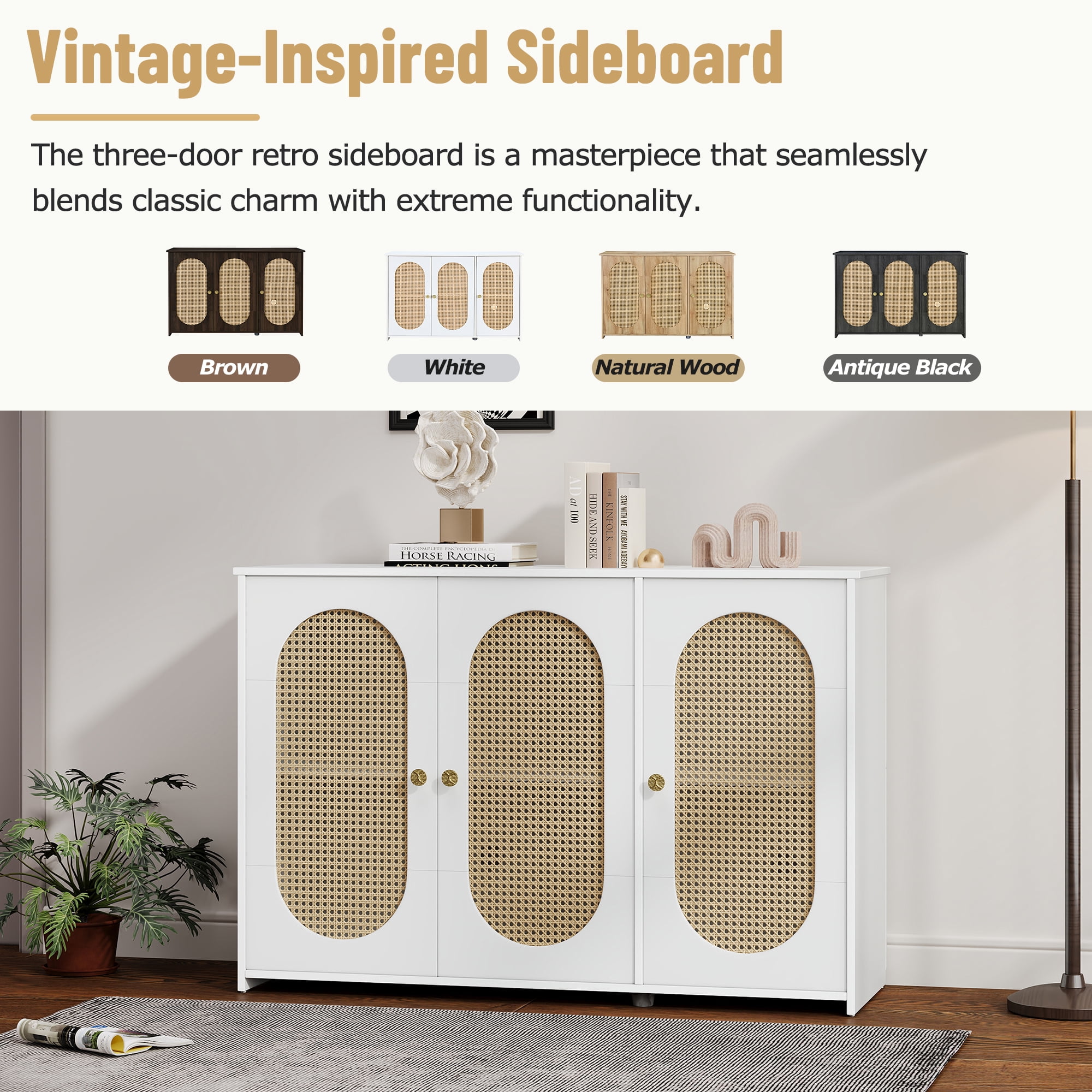 Lunale 48.8" Retro 3-Door Storage Sideboard Cabinet with Artificial Rattan Doors for Living Room and Hallway, White