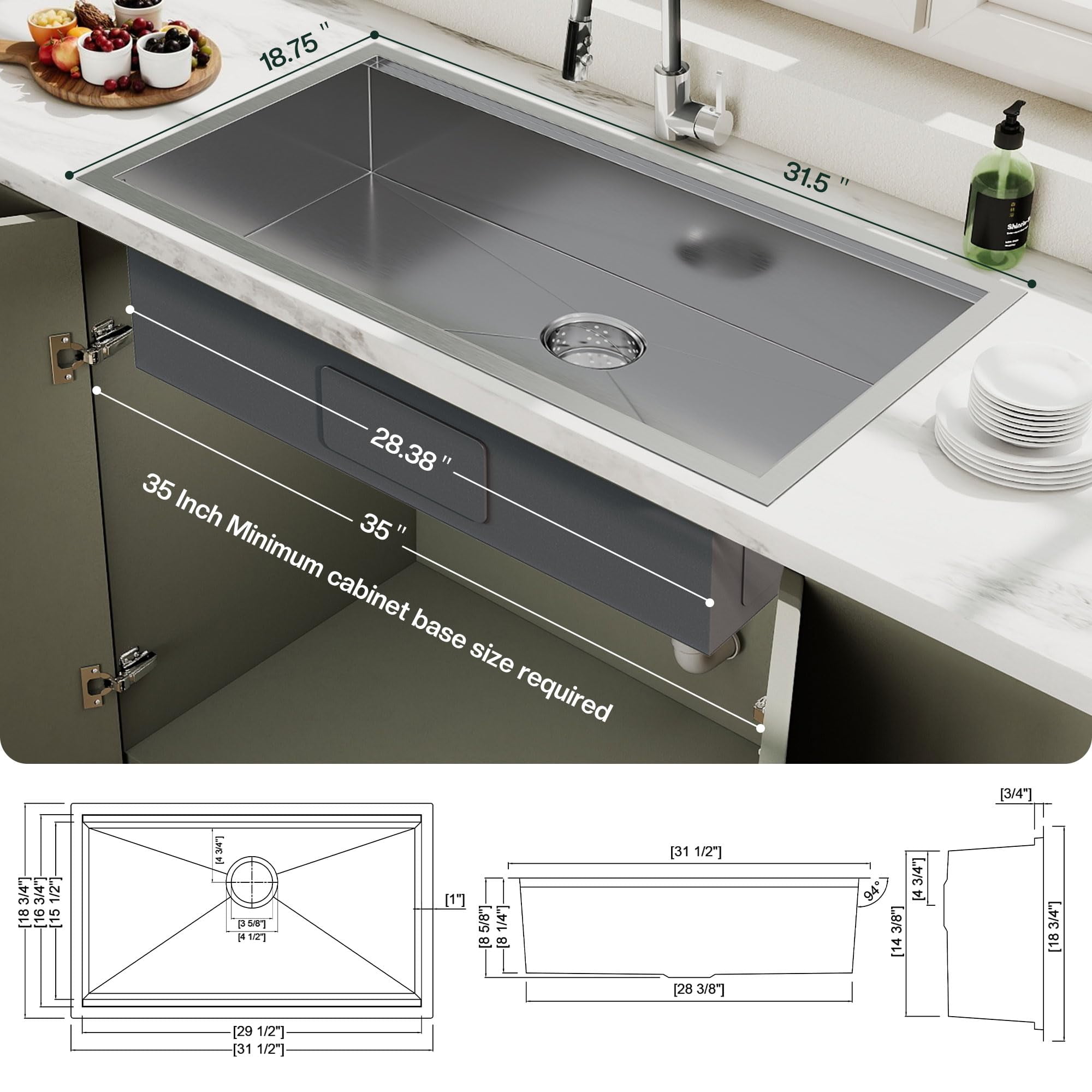 Jocisland 31.5" Undermount Kitchen Sink Workstation, 16 Gauge 304 Stainless Steel Single Bowl Sink with Cutting Board, Drying Rack and Drain Assembly
