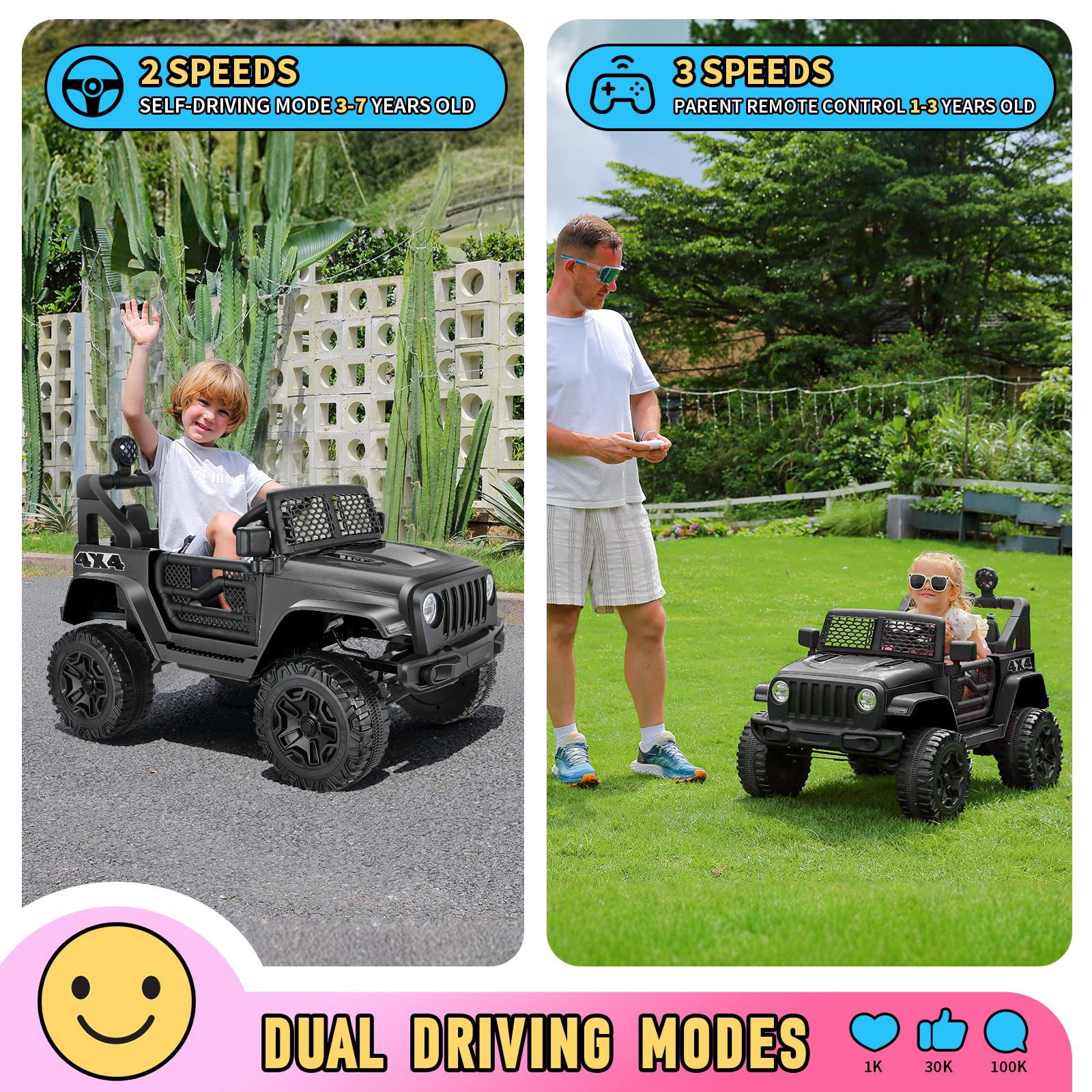 Funcid 12V 7AH Kids Powered Ride on Truck Car with Parent Remote Control, Bluetooth Music, Spring Suspension, LED Lights - Black