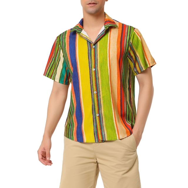 INSPIRE CHIC Chemises à Manches Courtes pour Hommes à Rayures Boutonnées Imprimées m Jaune Vert