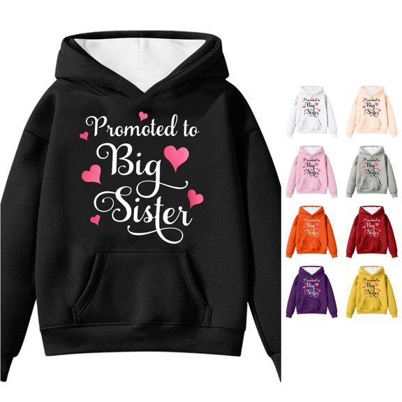 Oiyii Toddler Girl's Promoted To Big Sister Heart Script Graphic Hoodie Long Sleeve Family Hooded Sweatshirt Pullover Top,Black