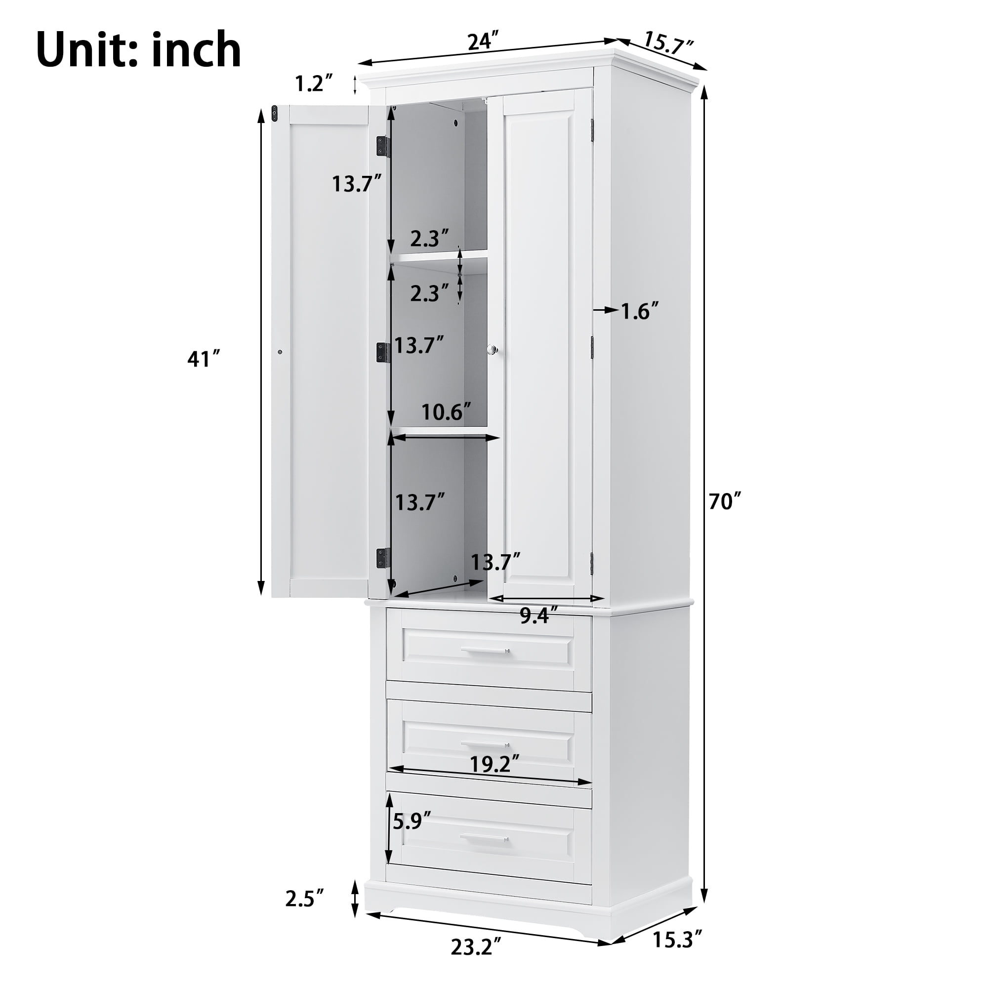 Harper & Bright Designs Tall Bathroom Storage Cabinet with Drawers and Doors, Modern Bathroom Floor Storage Cabinet with Shelf, White