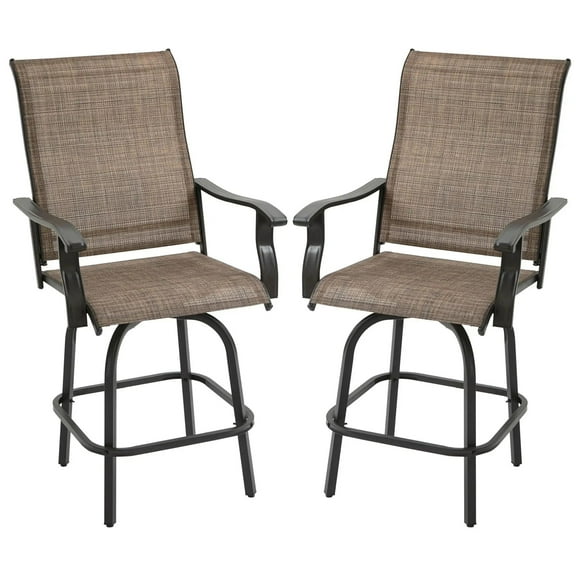Resenkos 2 Outdoor Swivel Bar Stools Set, Armrests, Bar Height Patio Chairs,Steel, Sling Fabric, Brown