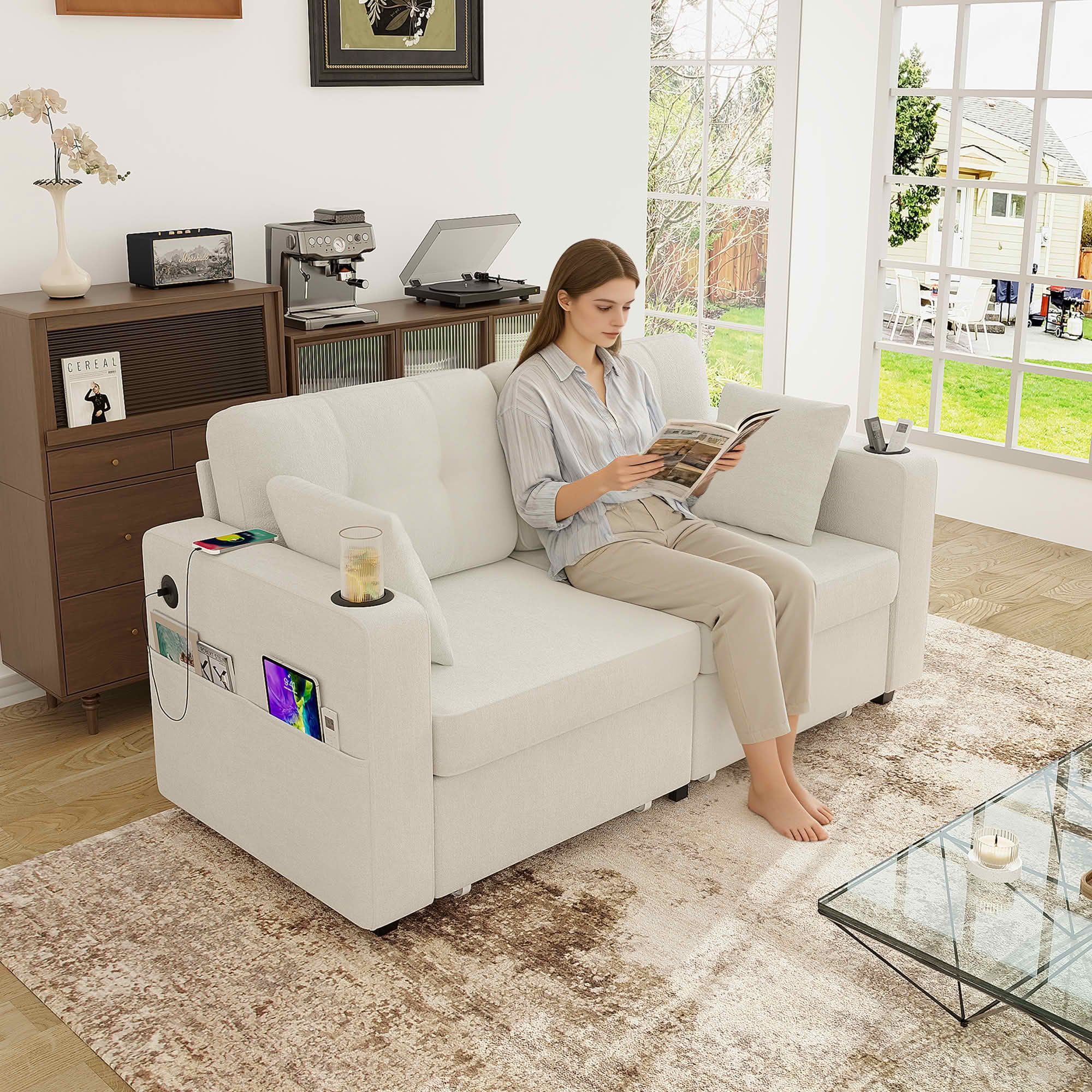 MAYEERTY Modern 3-Seat Chenille Sofa, Wood Frame Sectional Couch with USB Charging, Cup Holder & Storage Function for Home Small Space Living Room