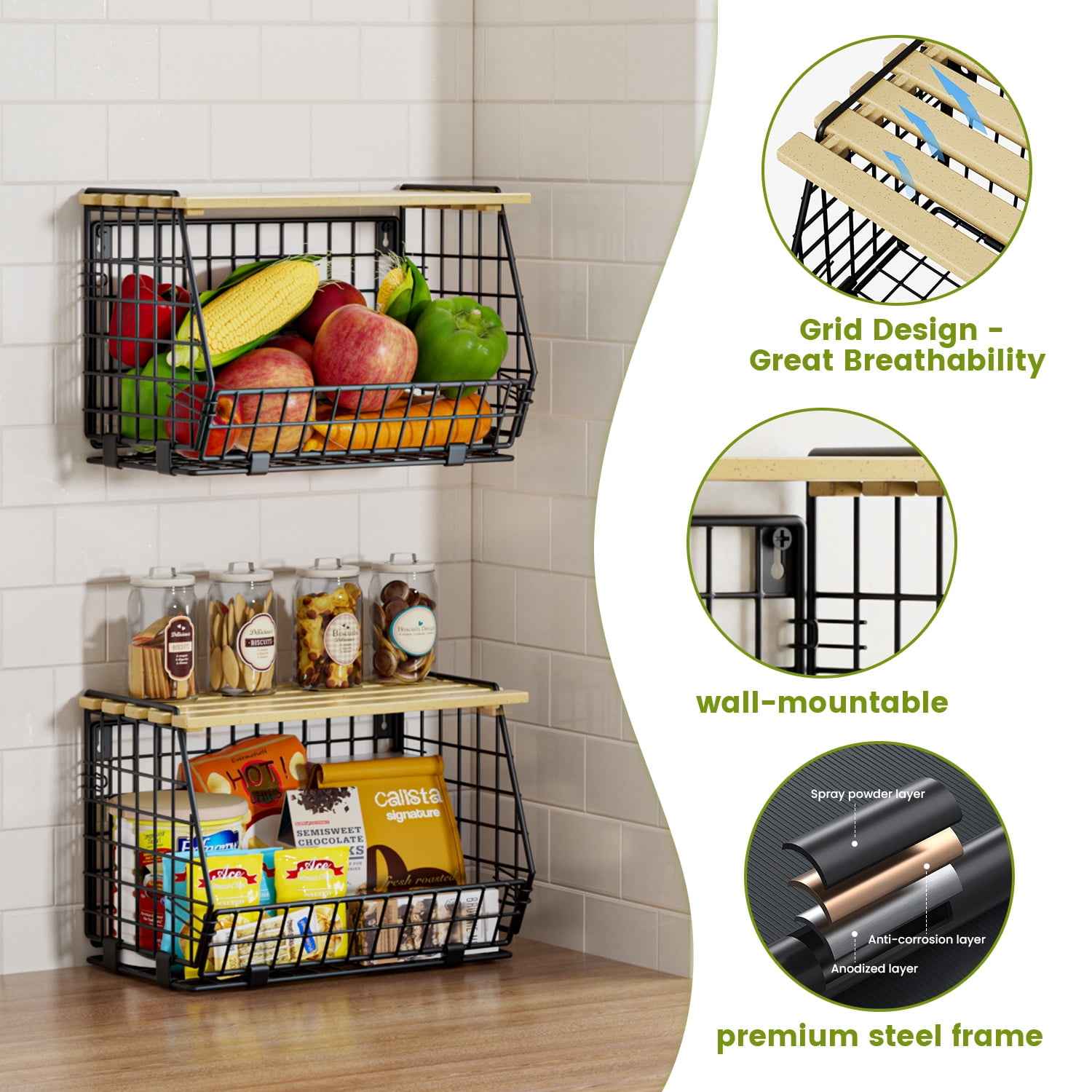 TINANA Stackable Fruit Baskets with Lid, 3 Pack Hanging Wire Fruit Basket for Kitchen Counter, Pantry Organizer for Fruits, Potatoes, Onions, Black