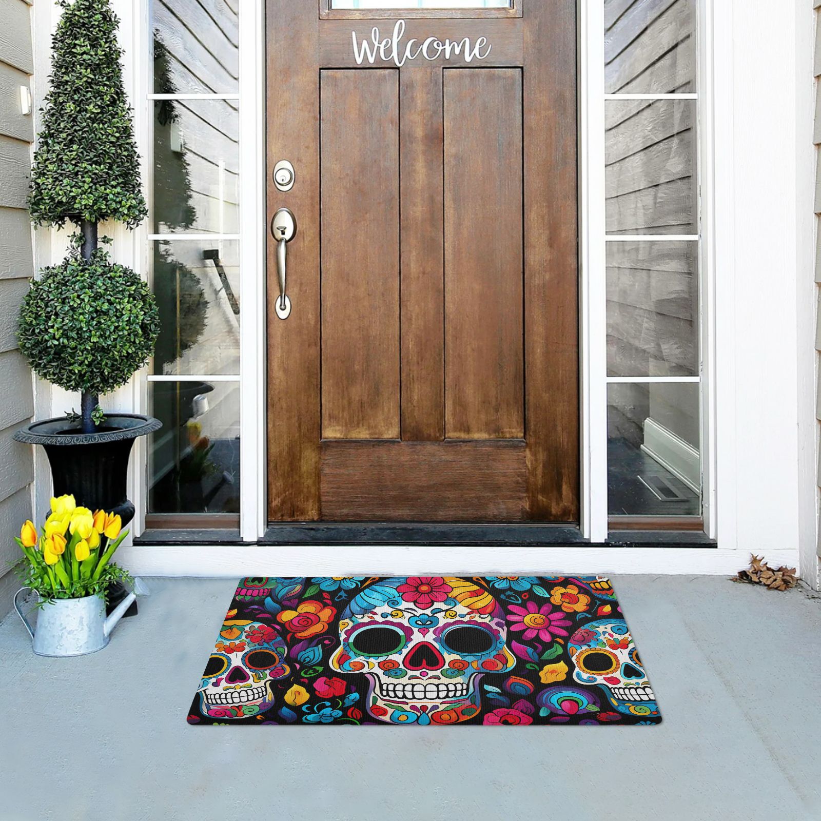 JSTEL Sugar Skull Day Of Dead Front Door Mat Outside Entrance 32x20 Inch Doormat for Outdoor Indoor Washable Non Slip Floor Mats