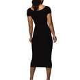 thumbnail image 5 of hirigin Women Bodycon Long Dress, Solid Color Ribbed Low Cut Short Sleeve Dress for Party, Beach, 5 of 9