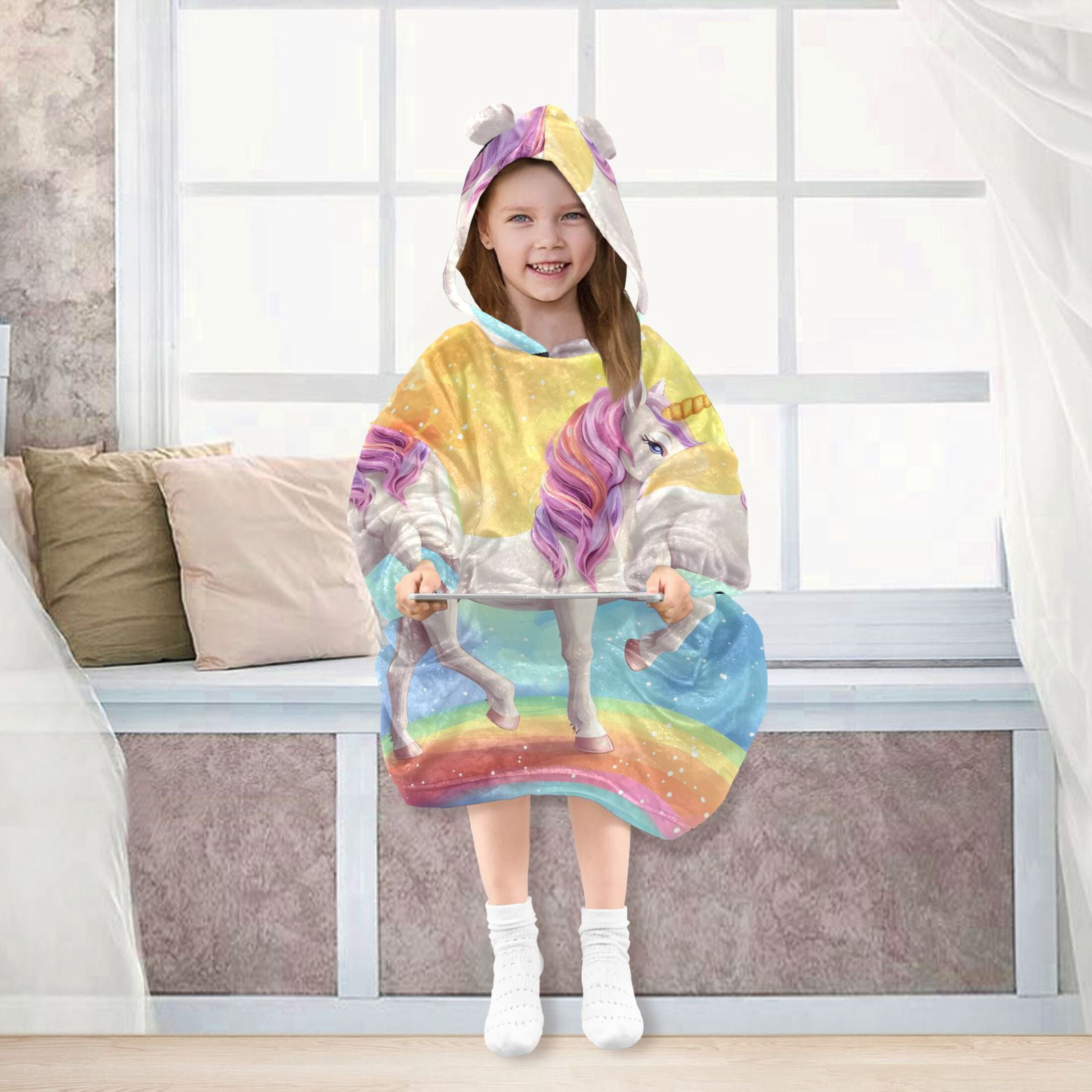 joogoo Wearable Blanket Hoodie for Kids Unicorn Standing on Rainbow Flannel Oversized Sweatshirt 3-14 Years L