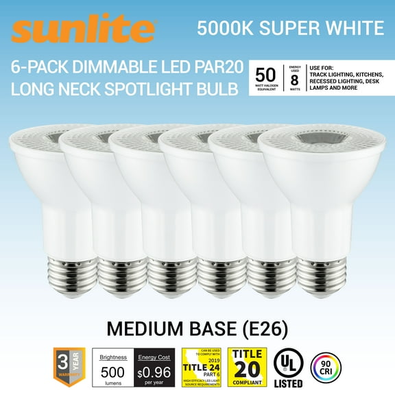 Sunlite LED PAR20 Long Neck Spotlight Bulb, 8 Watt (50W Halogen Equivalent), Medium E26 Base, Dimmable,UL Listed, 5000K Super White, 6-Pack