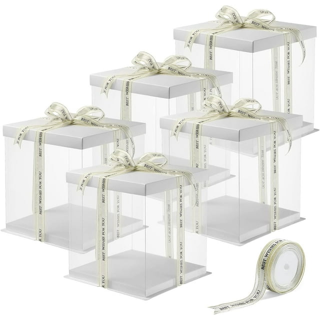 Graflsoa Double Layer Transparent Cake Box with White Lid and Base - 8 Inch Plastic Packaging for Birthday Cakes (5-Piece Set)