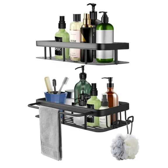 2 Pack Shower Caddy Adhesive Shower Shelf with 2 Hooks No Drilling Stick on Shower Organizer for Tile Wall Shower Storage Rustproof Bathroom Caddy Wall Mounted for Kitchen Storage