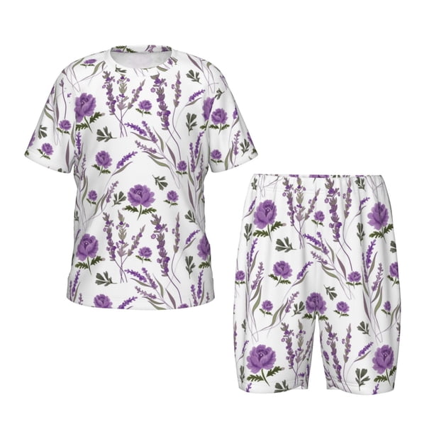 Balery Lavender Flowers Conjunto de Pijama Infantil de Manga Corta con Estampado – Ropa de Dormir de Algodón Suave-XX-Large
