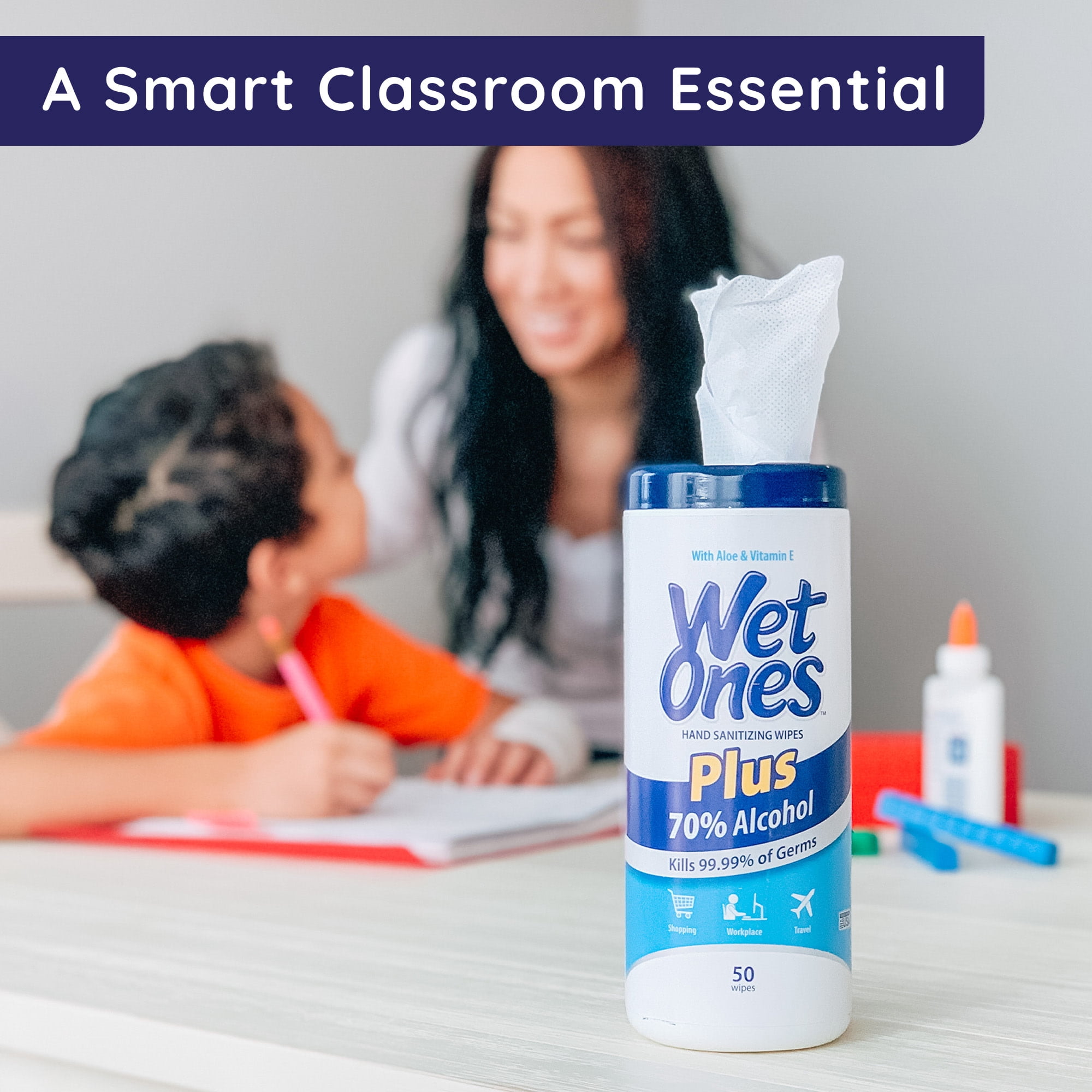Wet Ones Plus Alcohol Hand Sanitizing Wipes Canister, 50 Wipes Ct, Unscented, 0.8 lbs