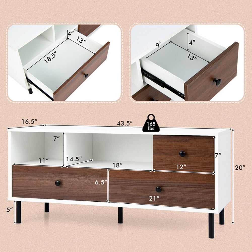Finihen TV Stand, TV Cabinet, Mid-Century TV Stand for 50-inch TVs with 2 Cubbies and 3 Drawers, for Living Room, White & Walnut