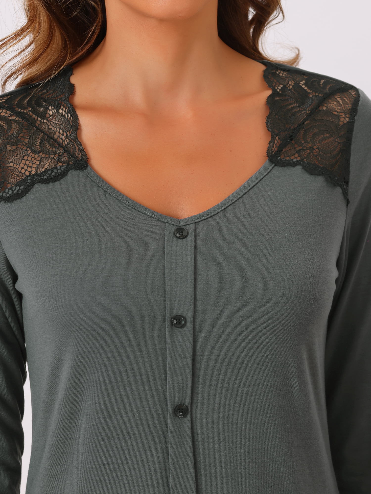 DARING DIVA Women's Lace Trim Pajama Dress V-Neck Long Sleeve Nightgowns XS Gray