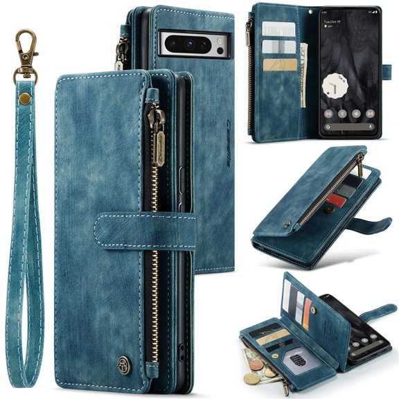 JTCASES for Google Pixel 8 Pro Wallet Case with Zipper Purse Card Holders Flip Stand Wrist Strap Magnetic Closure PU Leather Anti-scratch Support Wireless Charging Drop Resistant Shell, Blue