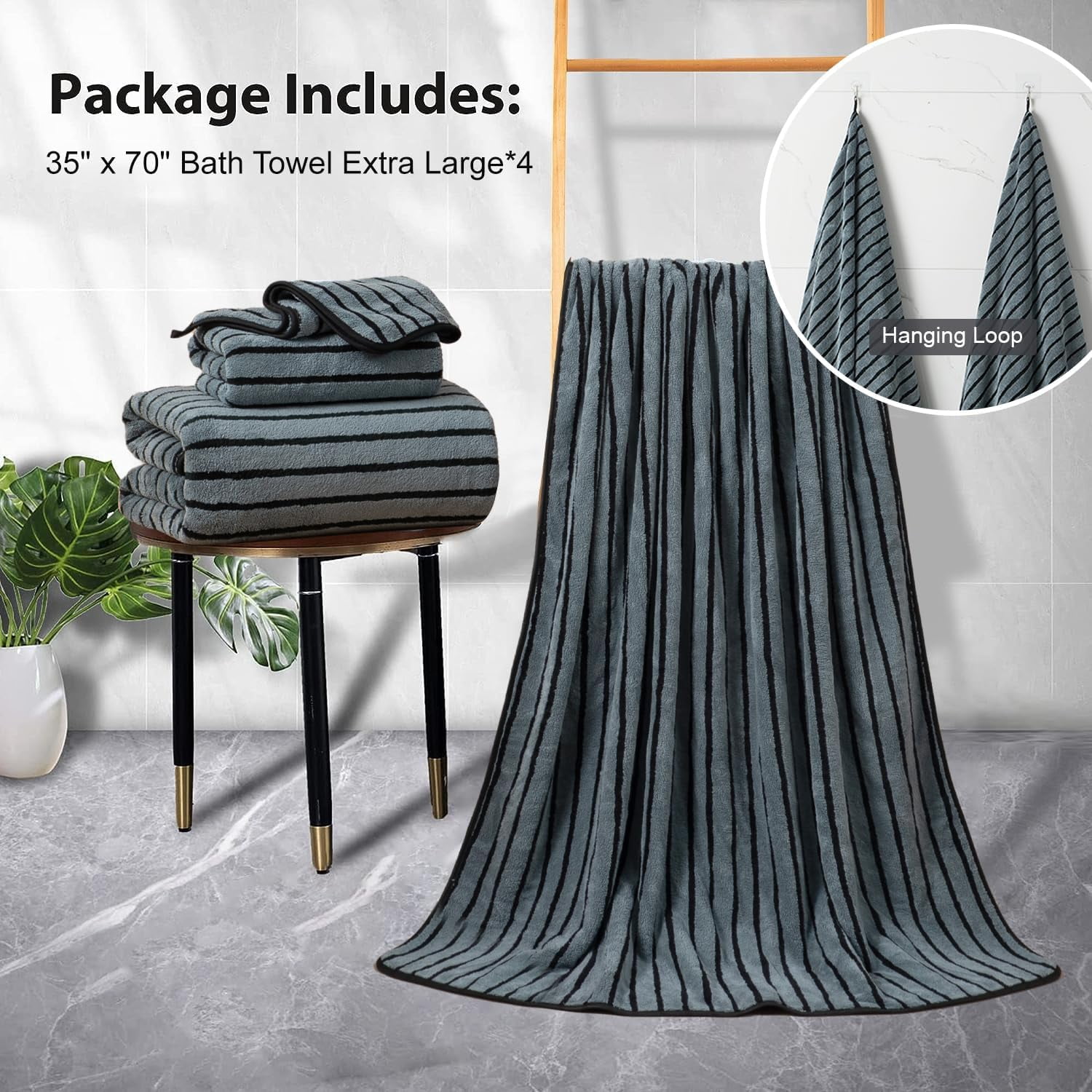 Jessy Home 4 Pack Black Bicolor bar Stripe Large Bath Towels Set Oversized Bath Sheet Soft Towel Set