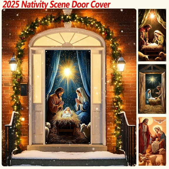 Dmlowu Christmas Door Cover - Nativity Scene Christmas Door Decorations, 35x71 inch Merry Christmas Front Door Decorations for Holiday Party Christmas Decorations Indoor & Outdoor